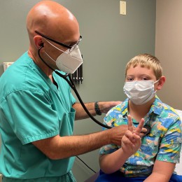 Jeremy using new stethoscope