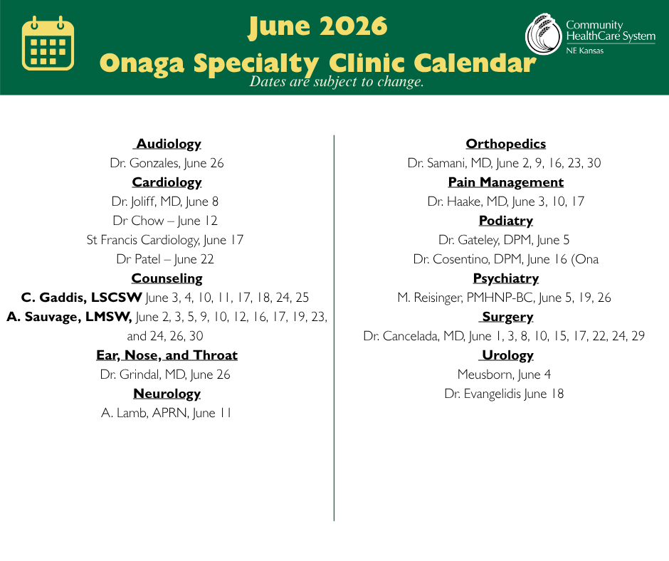 Onaga Specialty Clinic Calendar -June 2026 Event Image