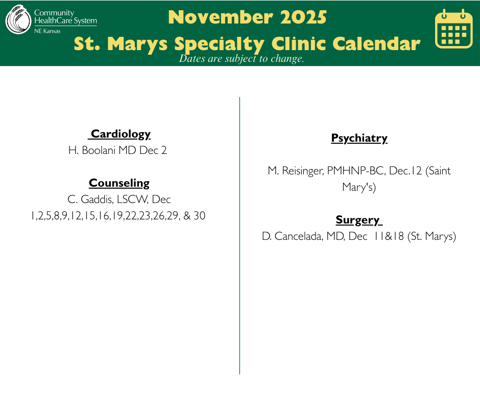 St. Marys Specialty Clinic CalendarDec. 2025 Event Image