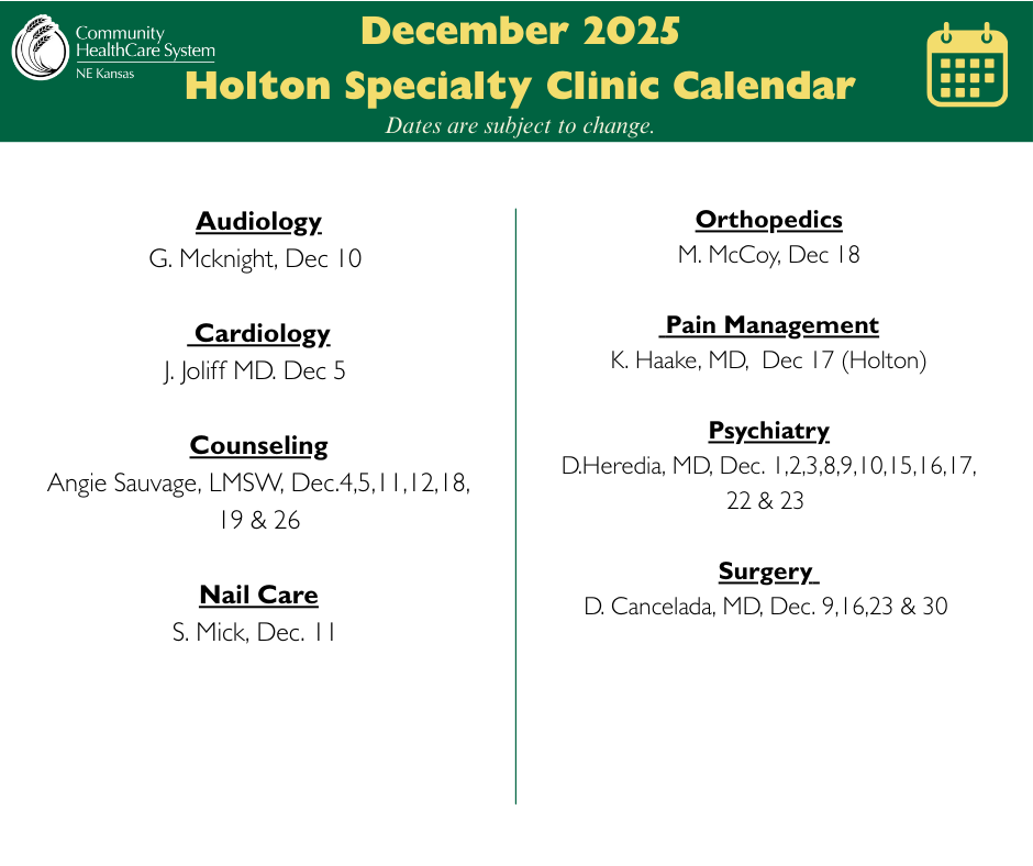 Holton Specialty Clinic Calendar -Dec. 2025 Event Image