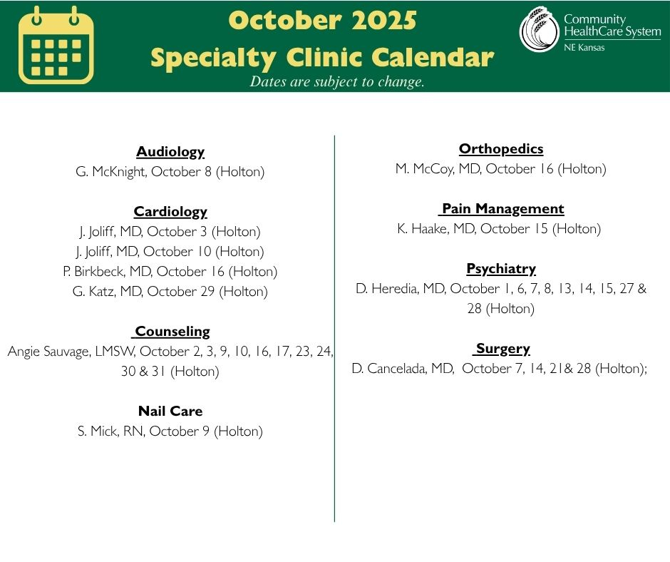 Holton Specialty Clinic Calendar - Oct. 2025 Event Image