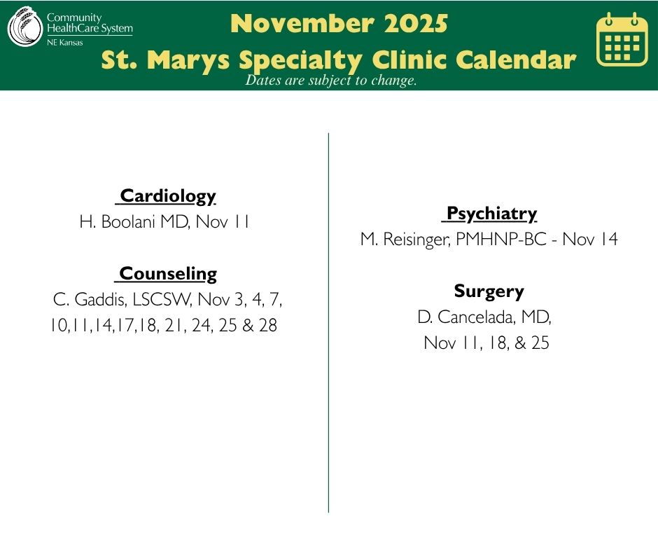 St. Marys Specialty Clinic Calendar Nov. 2025 Event Image