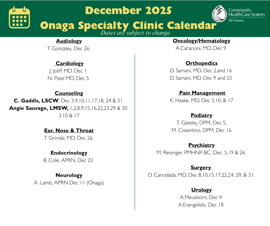 Onaga Specialty Clinic - Dec. 2025 Event Image