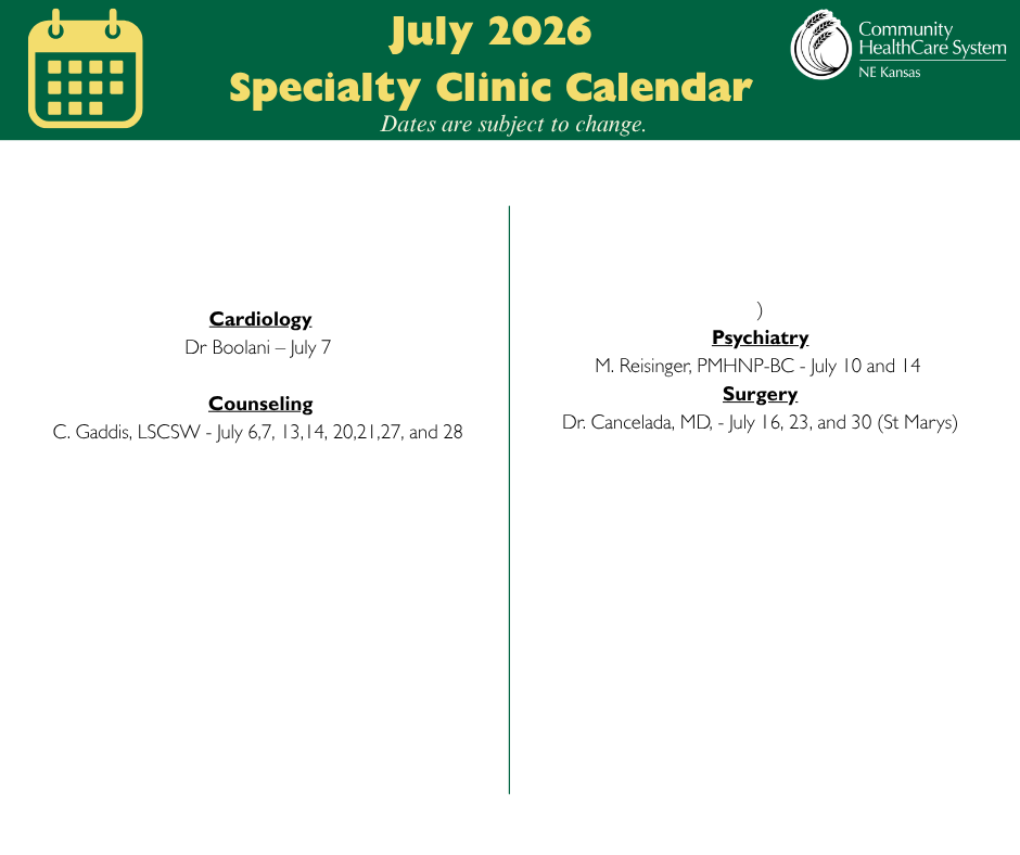 St. Marys Specialty Clinic Calendar July 2026 Event Image