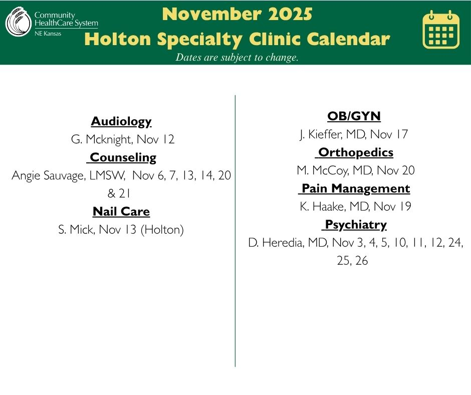 Holton Specialty Clinic Calendar -Nov. 2025 Event Image