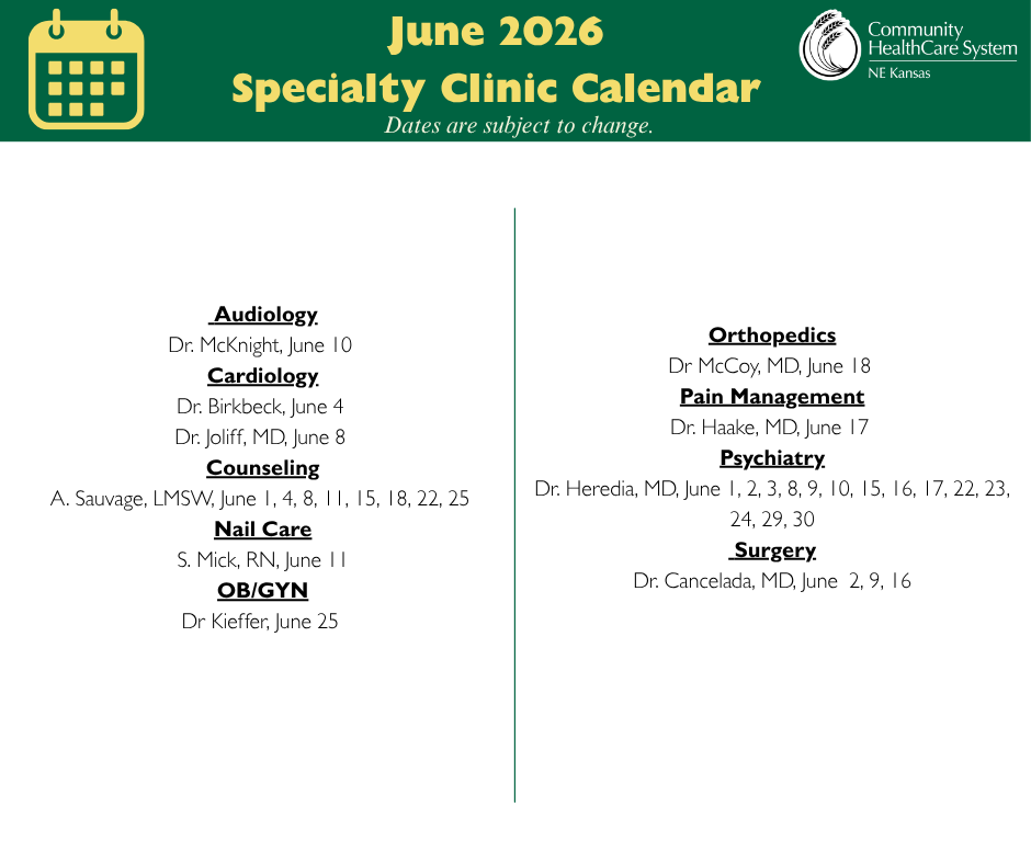 Holton Specialty Clinic Calendar -June 2026 Event Image