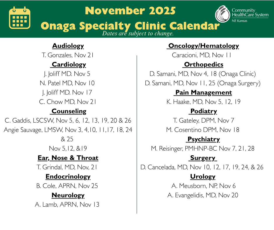 Onaga Specialty Clinic Calendar - Nov. 2025 Event Image