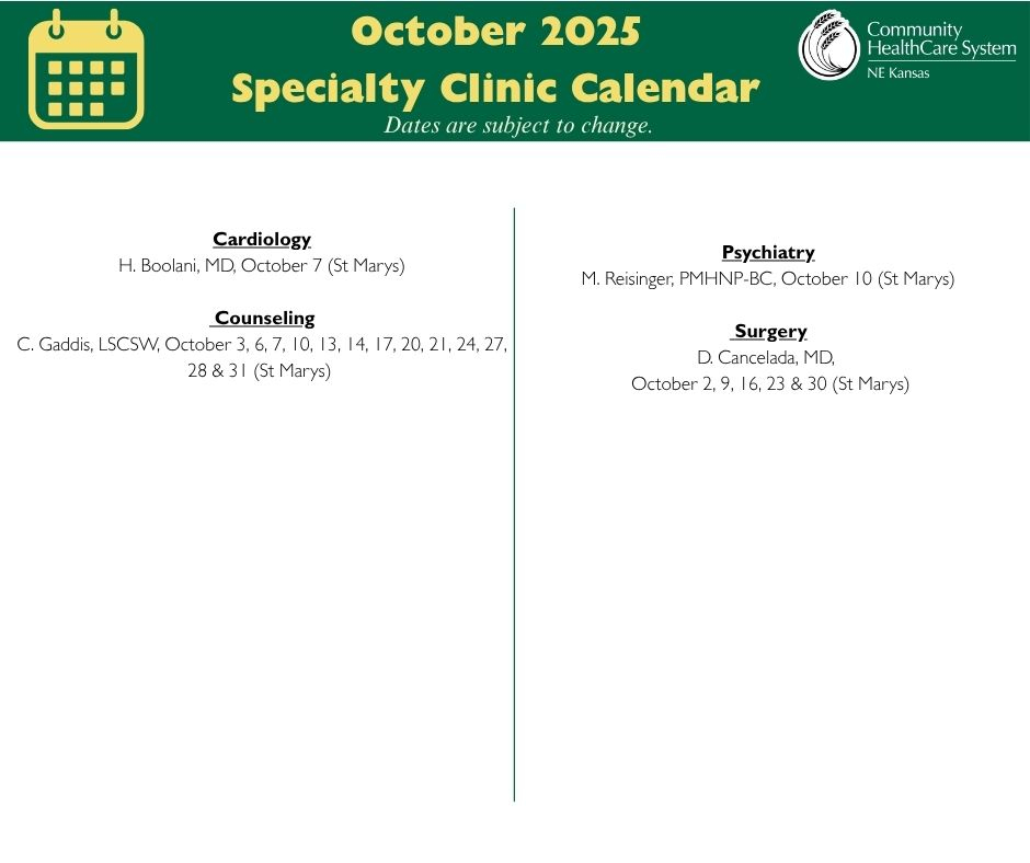 St. Marys Specialty Clinic Calendar - Oct. 2025 Event Image