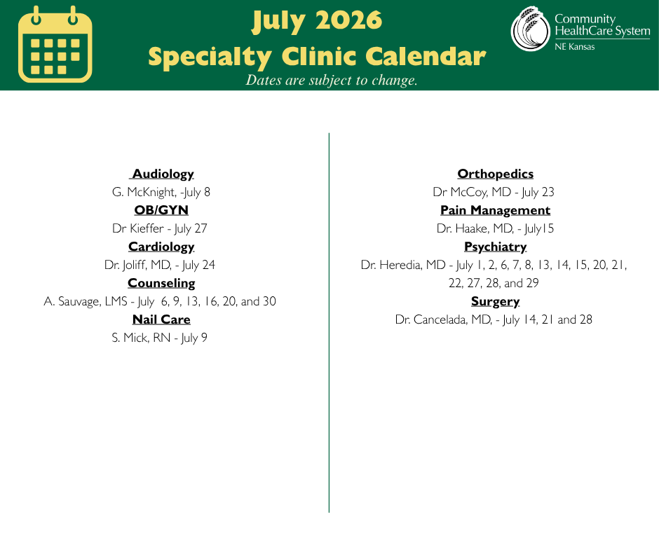 Holton Specialty Clinic Calendar -July 2026 Event Image