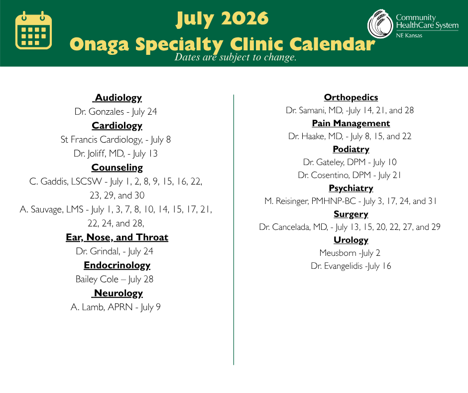 Onaga Specialty Clinic Calendar -July 2026 Event Image
