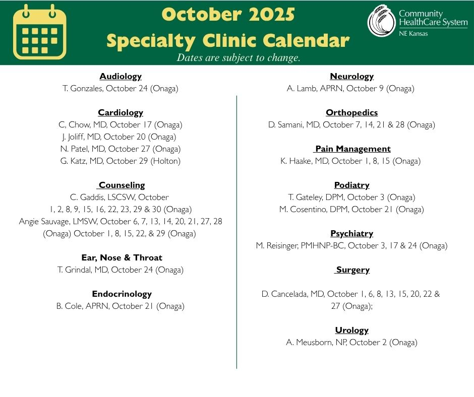 Onaga Specialty Clinic Calendar - Oct. 2025 Event Image